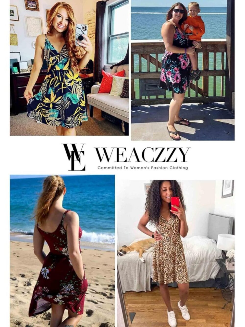 Women's Flower Light Blue Neck Spaghetti Strap Sundress Casual Beach Mini Dress - Picture 5 of 5